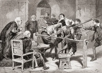 Een scène uit William Shakespeares toneelstuk Veel Gedoe om Niets, Act IV, Scene 2, Dogberry: Verdenk je mijn positie niet? Verdenk je mijn jaren niet?, uit De Werken van William Shakespeare, gepubliceerd 1896
